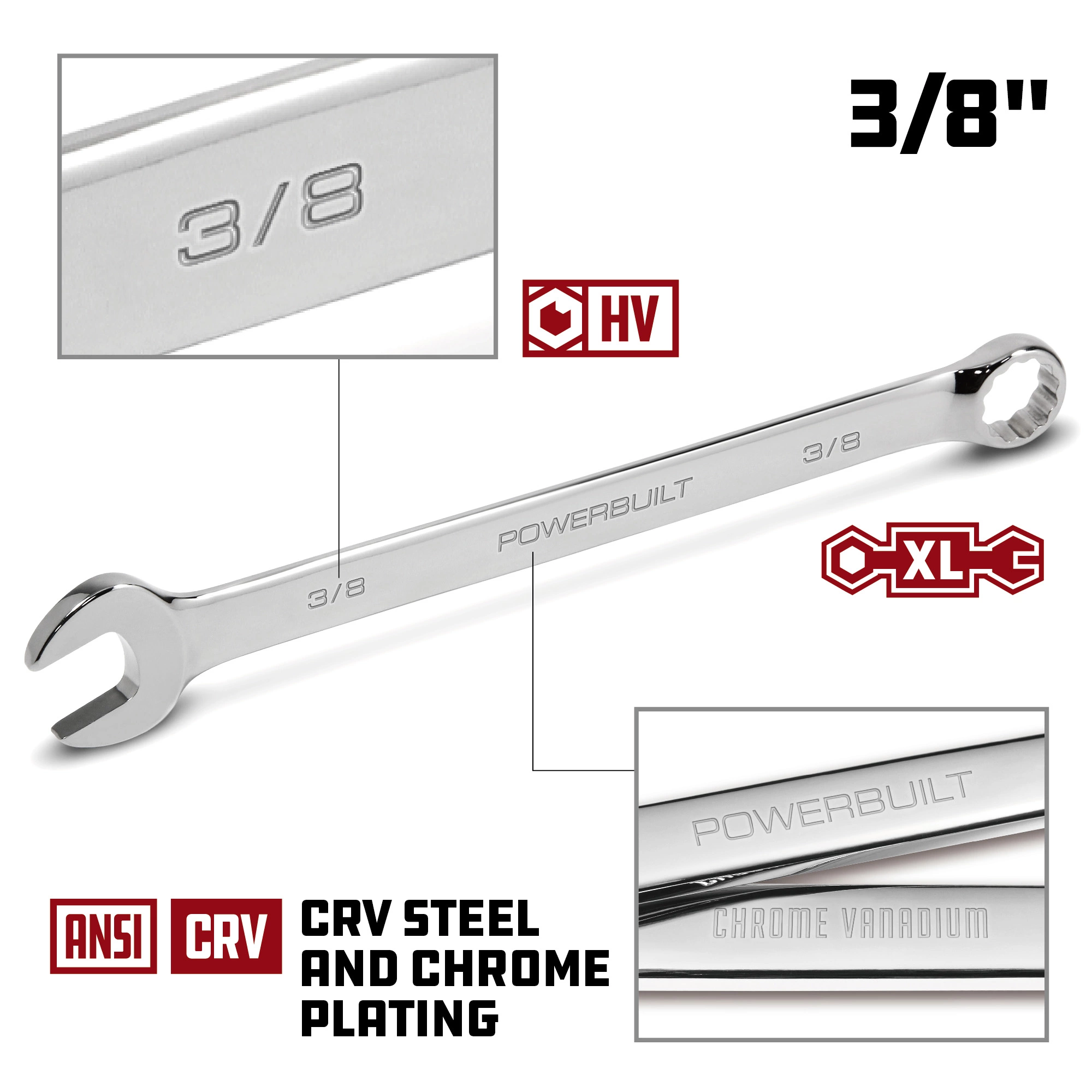 Powerbuilt 3/8 Inch Fully Polished Long Pattern SAE Combination Wrench - 640477 5 Powerbuilt 3/8 Inch Fully Polished Long Pattern SAE Combination Wrench - 640477 - Image 5