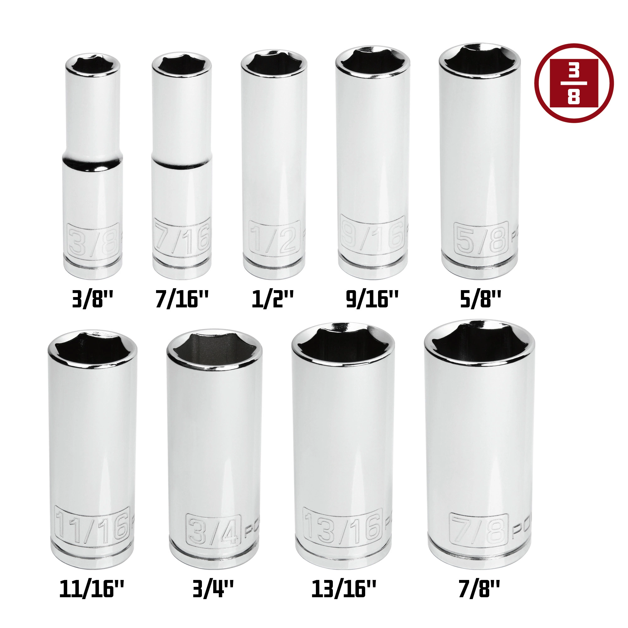 Powerbuilt 9 Pc. 3/8 in. Drive Deep Wall SAE Socket Set, Socket Rail - 641717 2 Powerbuilt 9 Pc. 3/8 in. Drive Deep Wall SAE Socket Set, Socket Rail - 641717 - Image 2