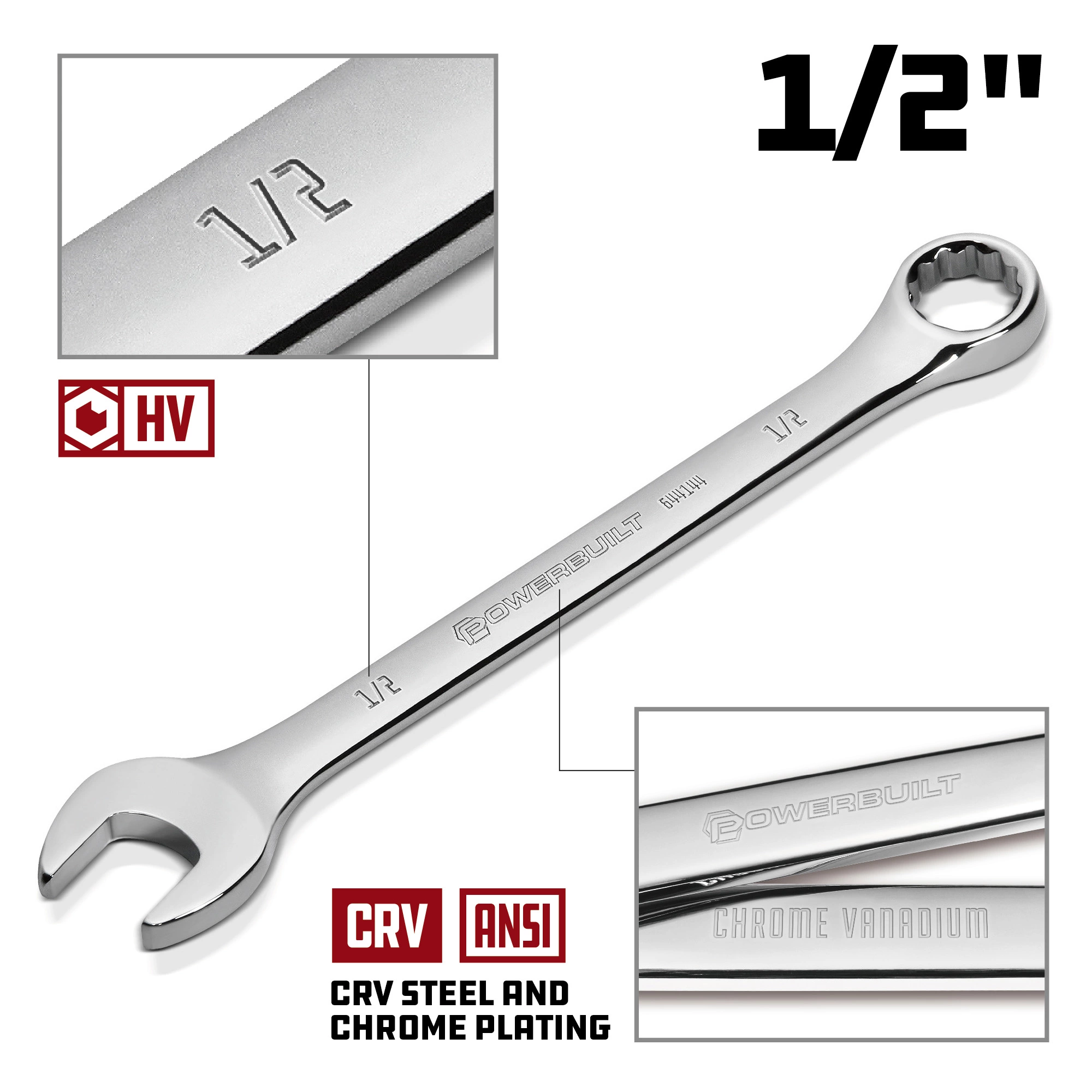 Powerbuilt 1/2 Inch Fully Polished SAE Combination Wrench - 644144 5 Powerbuilt 1/2 Inch Fully Polished SAE Combination Wrench - 644144 - Image 5