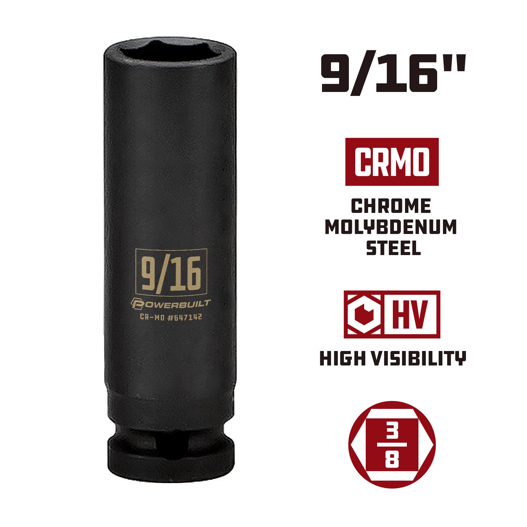 Powerbuilt 3/8 in. Drive x 9/16 in. 6 Point Deep Well Impact Socket - 647142 5 Powerbuilt 3/8 in. Drive x 9/16 in. 6 Point Deep Well Impact Socket - 647142 - Image 5