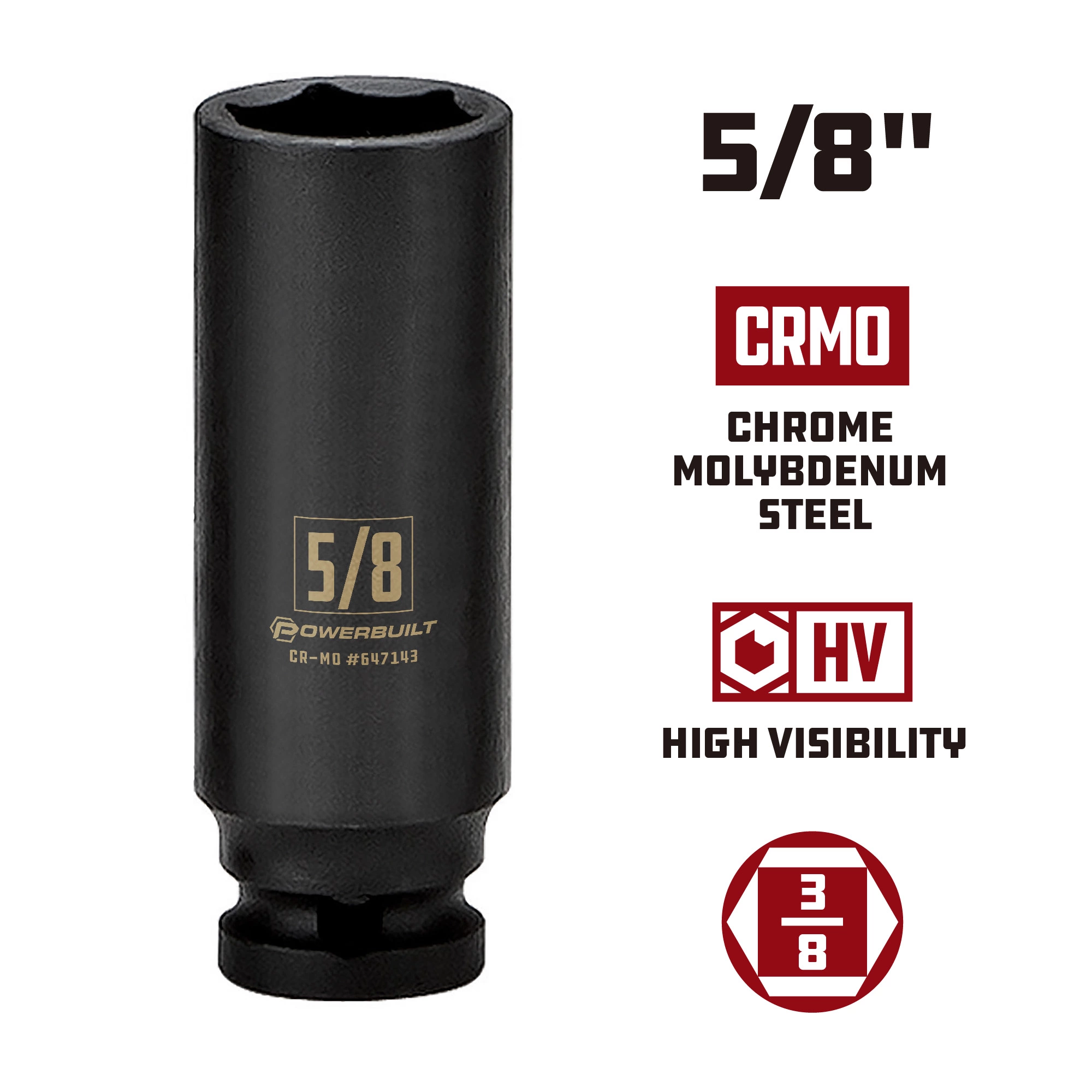 Powerbuilt 3/8 in. Drive x 5/8 in. 6 Point Deep Well Impact Socket - 647143 5 Powerbuilt 3/8 in. Drive x 5/8 in. 6 Point Deep Well Impact Socket - 647143 - Image 5