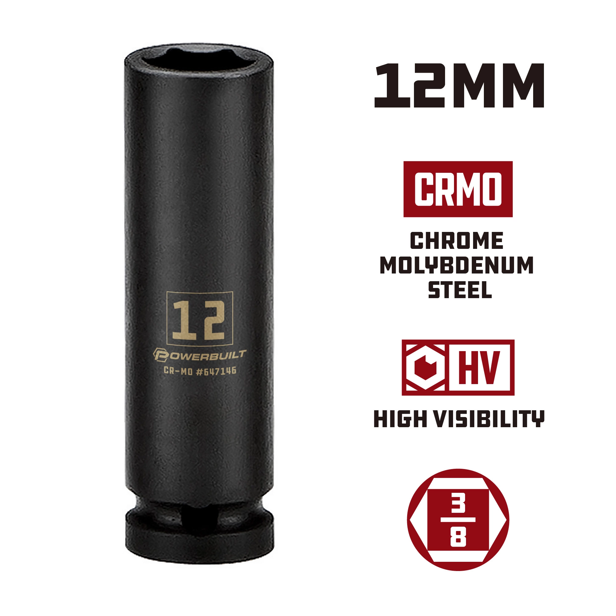 Powerbuilt 3/8 in. Drive x 12 mm 6 Point Deep Well Impact Socket - 647146 5 Powerbuilt 3/8 in. Drive x 12 mm 6 Point Deep Well Impact Socket - 647146 - Image 5
