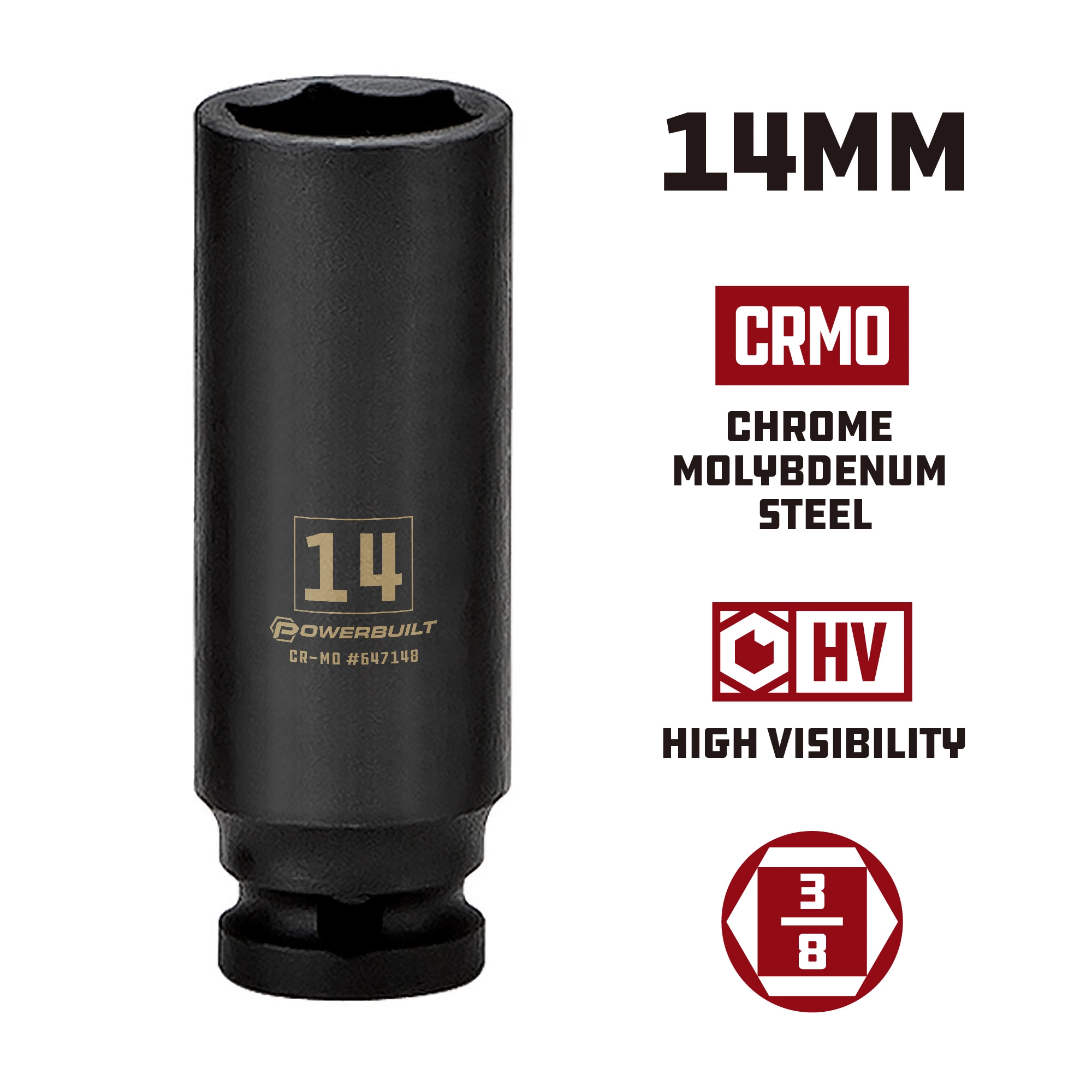 Powerbuilt 3/8 in. Drive x 14 mm 6 Point Deep Well Impact Socket - 647148 5 Powerbuilt 3/8 in. Drive x 14 mm 6 Point Deep Well Impact Socket - 647148 - Image 5