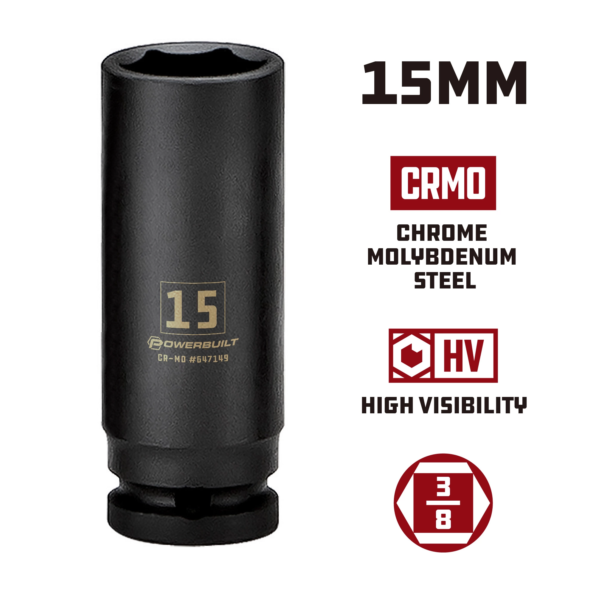 Powerbuilt 3/8 in. Drive x 15 mm 6 Point Deep Well Impact Socket - 647149 5 Powerbuilt 3/8 in. Drive x 15 mm 6 Point Deep Well Impact Socket - 647149 - Image 5