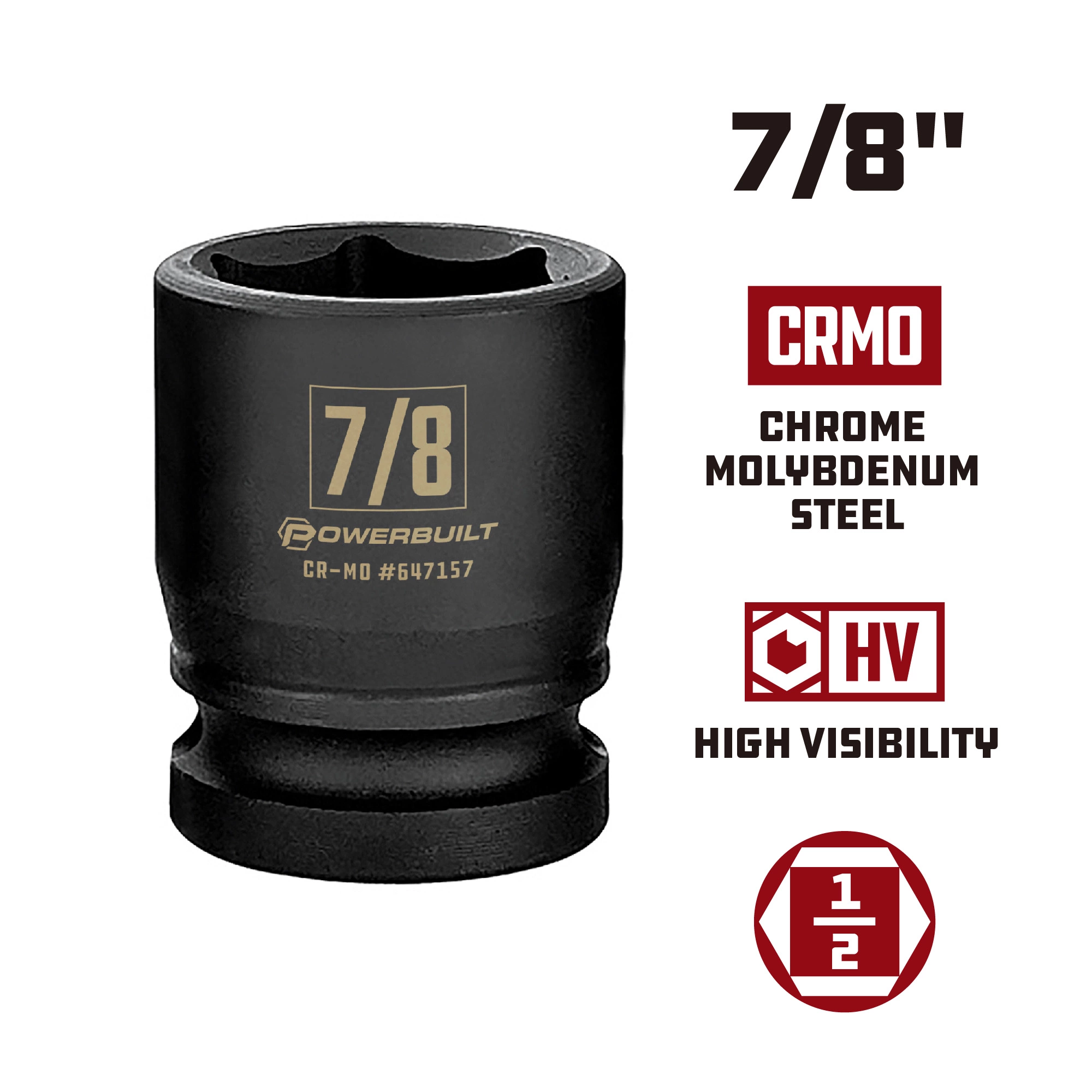 Powerbuilt 1/2 Inch Drive x 7/8 Inch 6 Point Impact Socket - 647157 5 Powerbuilt 1/2 Inch Drive x 7/8 Inch 6 Point Impact Socket - 647157 - Image 5