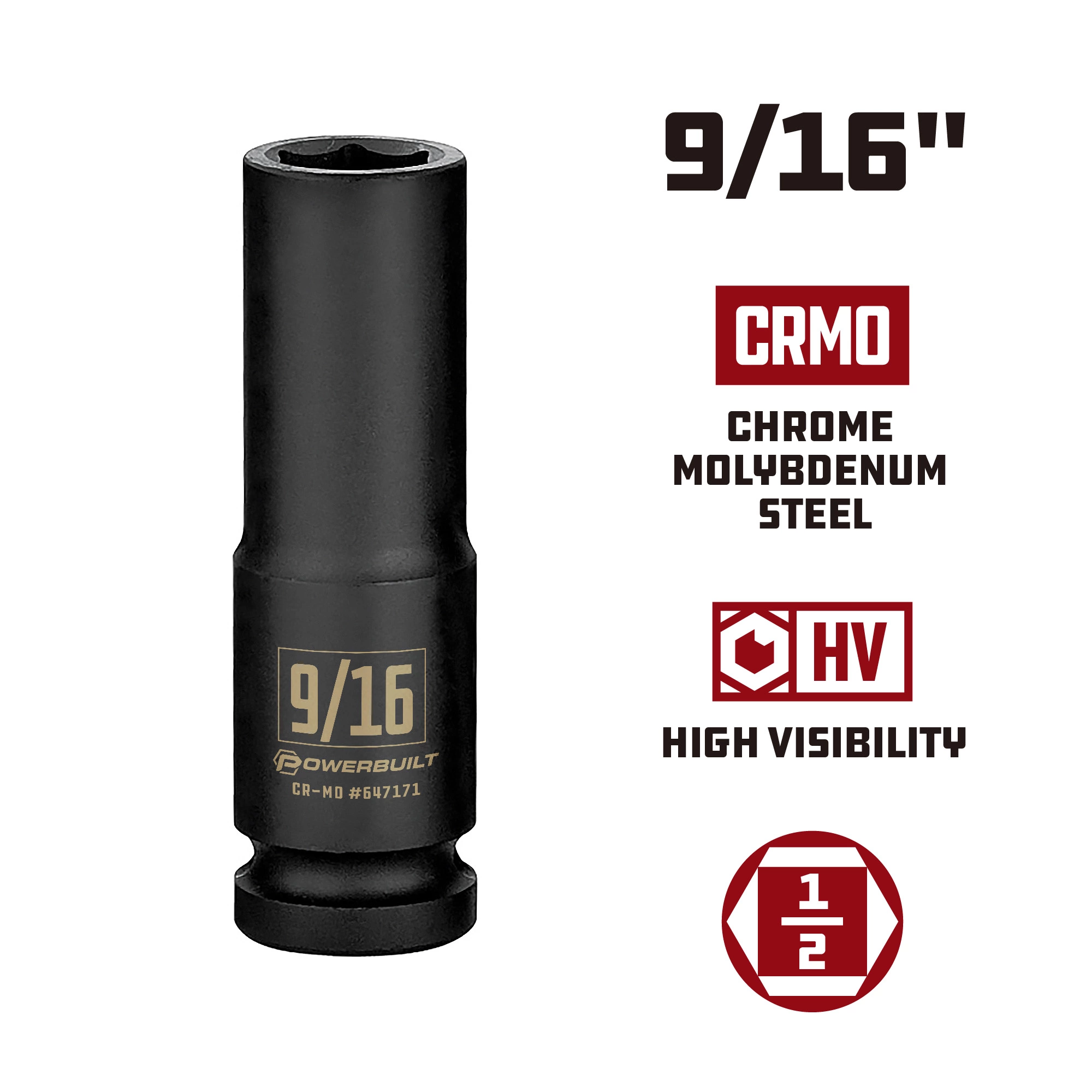 Powerbuilt 1/2 Inch Drive x 9/16 Inch 6 Point Deep Impact Socket - 647171 3 Powerbuilt 1/2 Inch Drive x 9/16 Inch 6 Point Deep Impact Socket - 647171 - Image 3