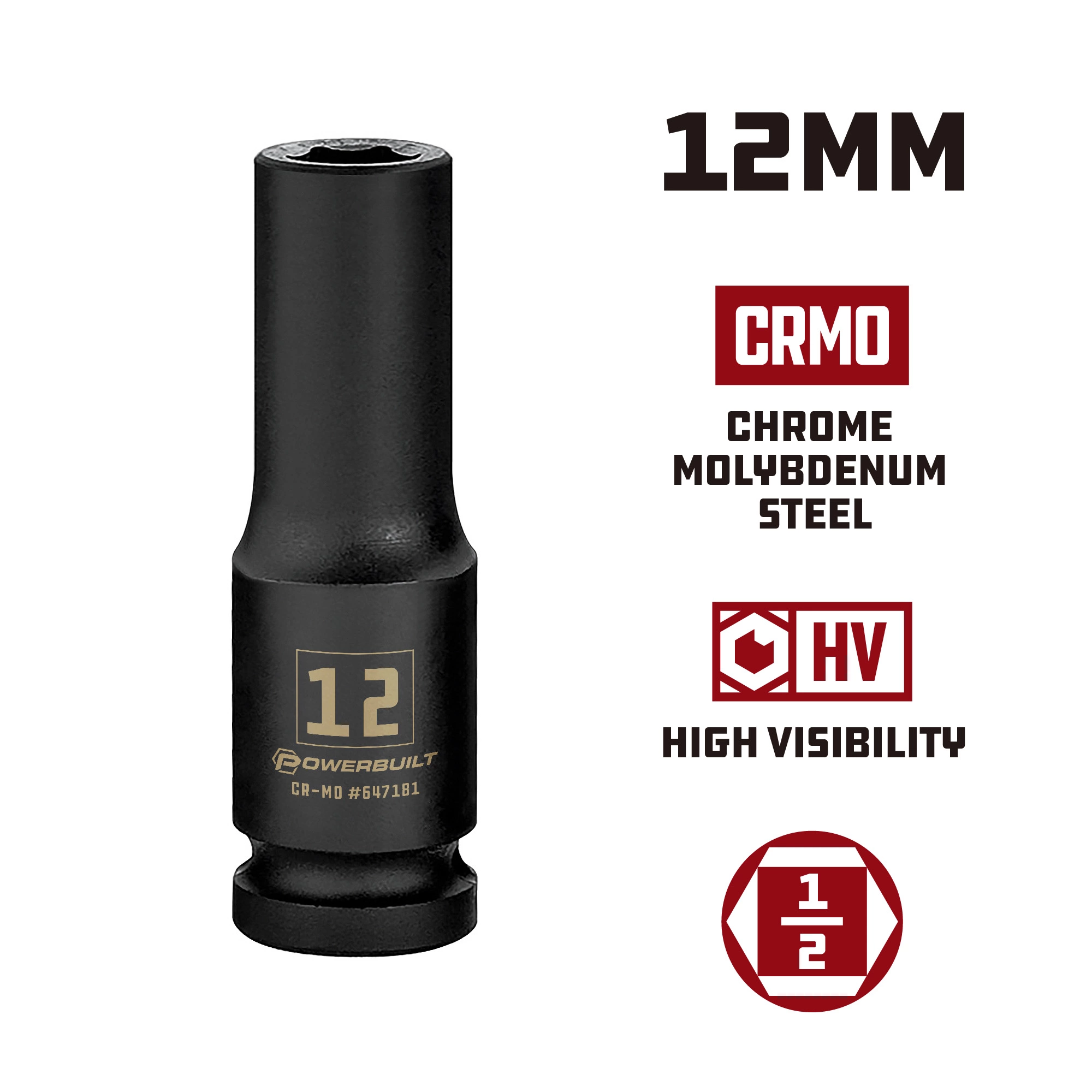 Powerbuilt 1/2 Inch Drive x 12 MM 6 Point Deep Impact Socket - 647181 3 Powerbuilt 1/2 Inch Drive x 12 MM 6 Point Deep Impact Socket - 647181 - Image 3
