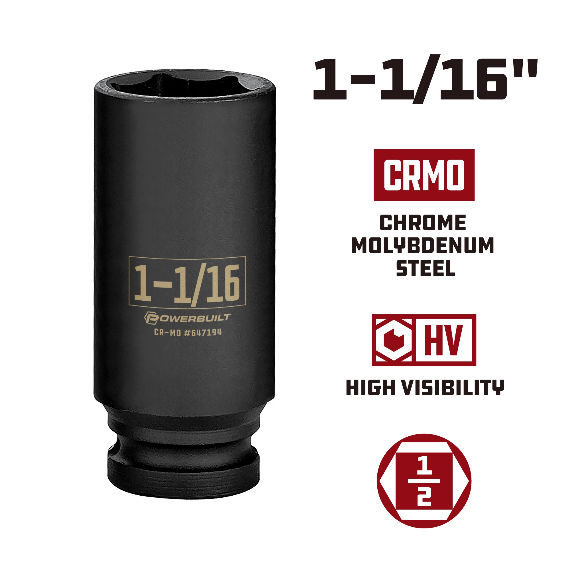 Powerbuilt 1/2 Inch Drive x 1-1/16 Inch 6 Point Deep Impact Socket - 647194 5 Powerbuilt 1/2 Inch Drive x 1-1/16 Inch 6 Point Deep Impact Socket - 647194 - Image 5