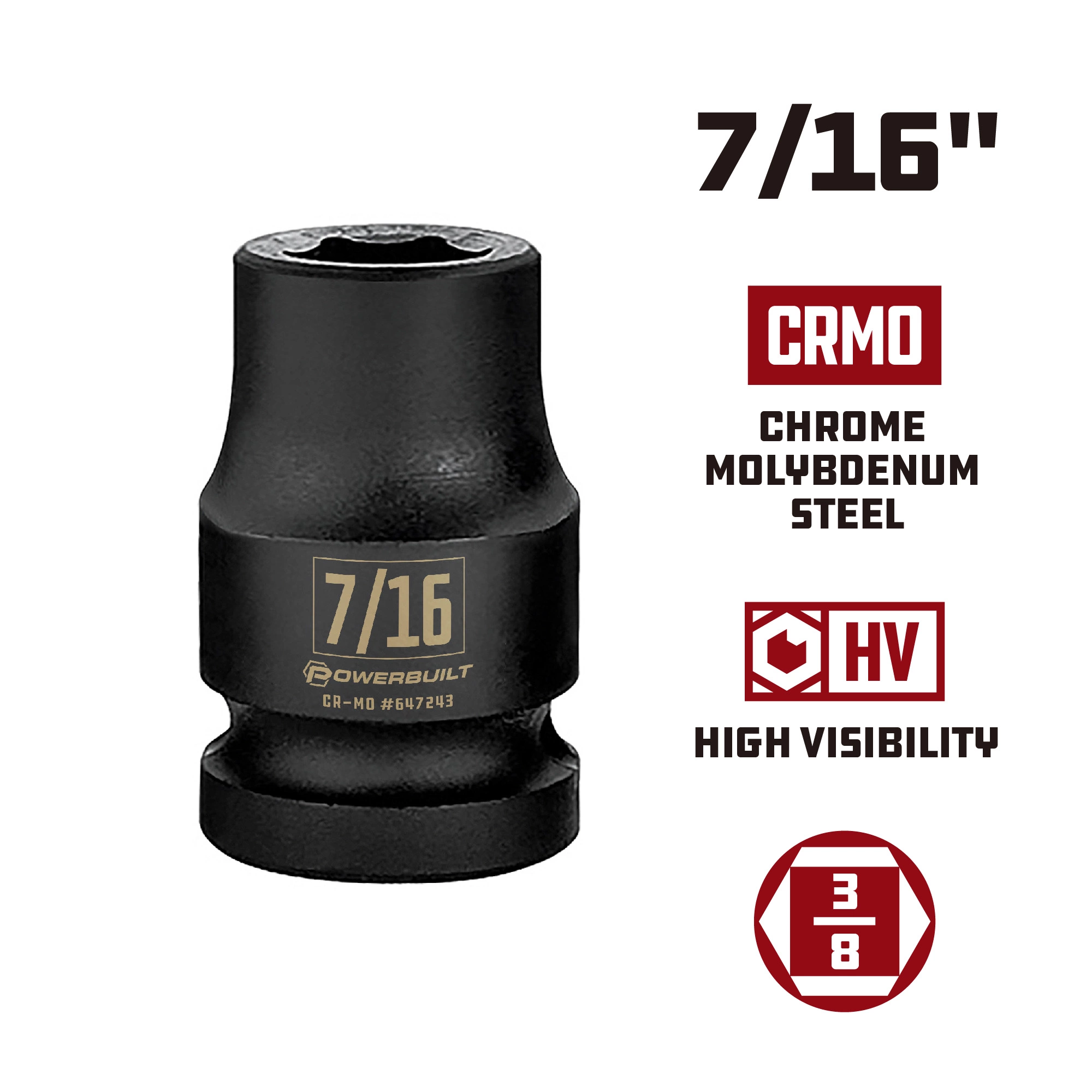 Powerbuilt 3/8 in. Drive x 7/16 in. 6 Point Impact Socket - 647243 3 Powerbuilt 3/8 in. Drive x 7/16 in. 6 Point Impact Socket - 647243 - Image 3