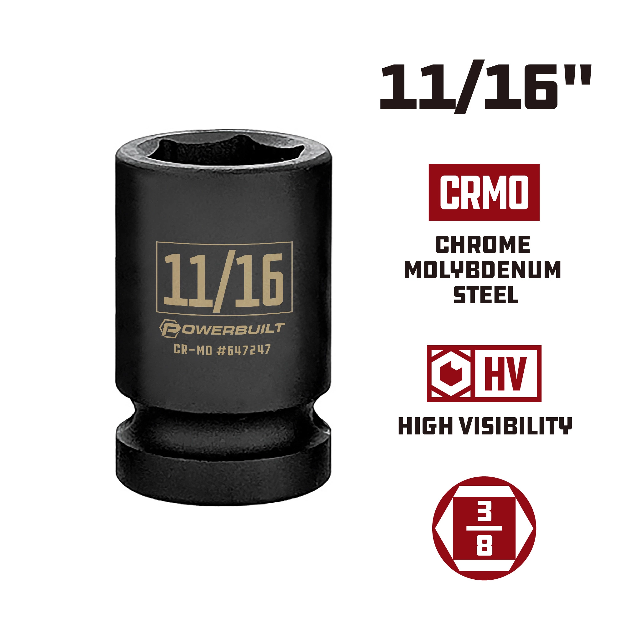Powerbuilt 3/8 in. Drive x 11/16 in. 6 Point Impact Socket - 647247 3 Powerbuilt 3/8 in. Drive x 11/16 in. 6 Point Impact Socket - 647247 - Image 3