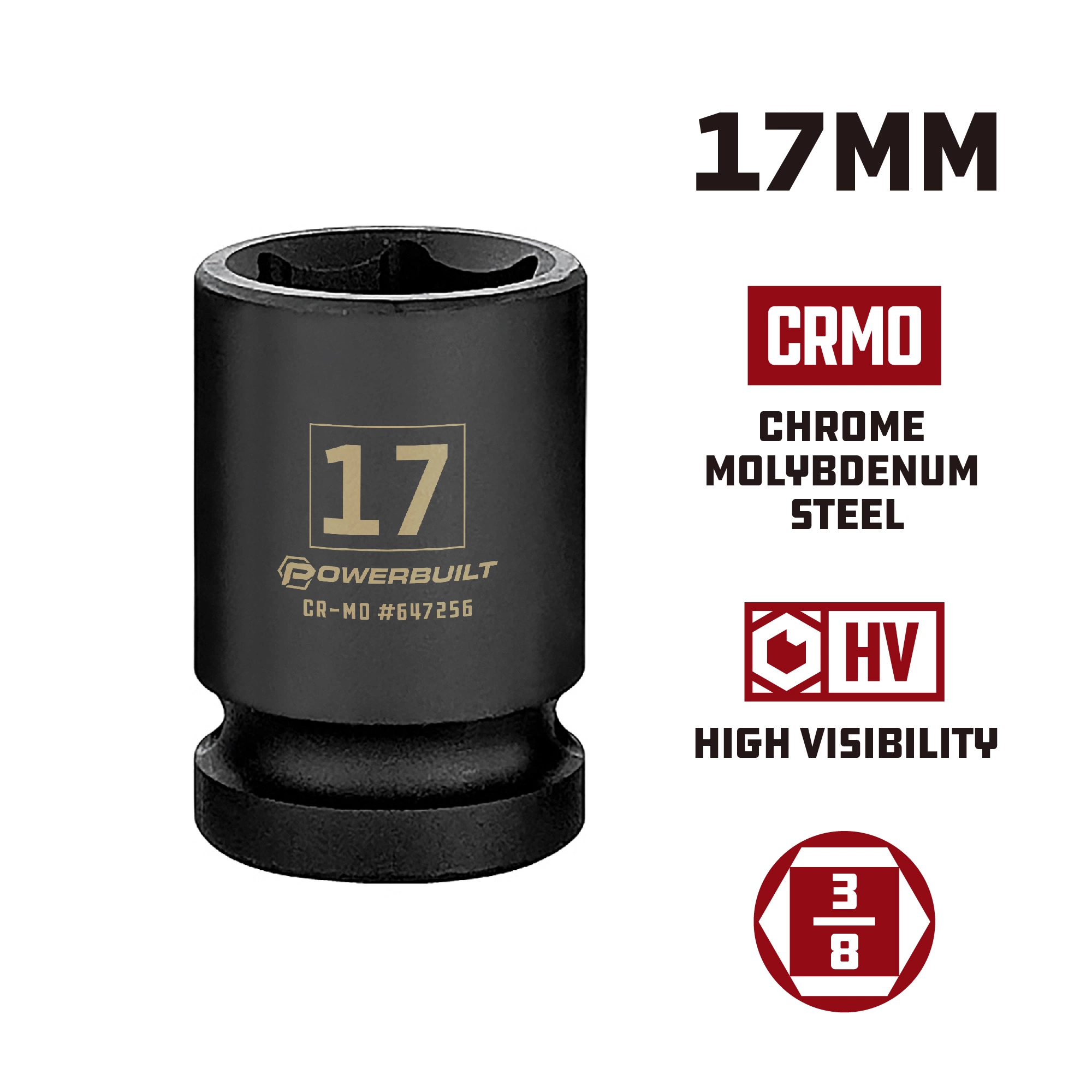 Powerbuilt 3/8 in. Drive x 17 mm 6 Point Impact Socket - 647256 5 Powerbuilt 3/8 in. Drive x 17 mm 6 Point Impact Socket - 647256 - Image 5