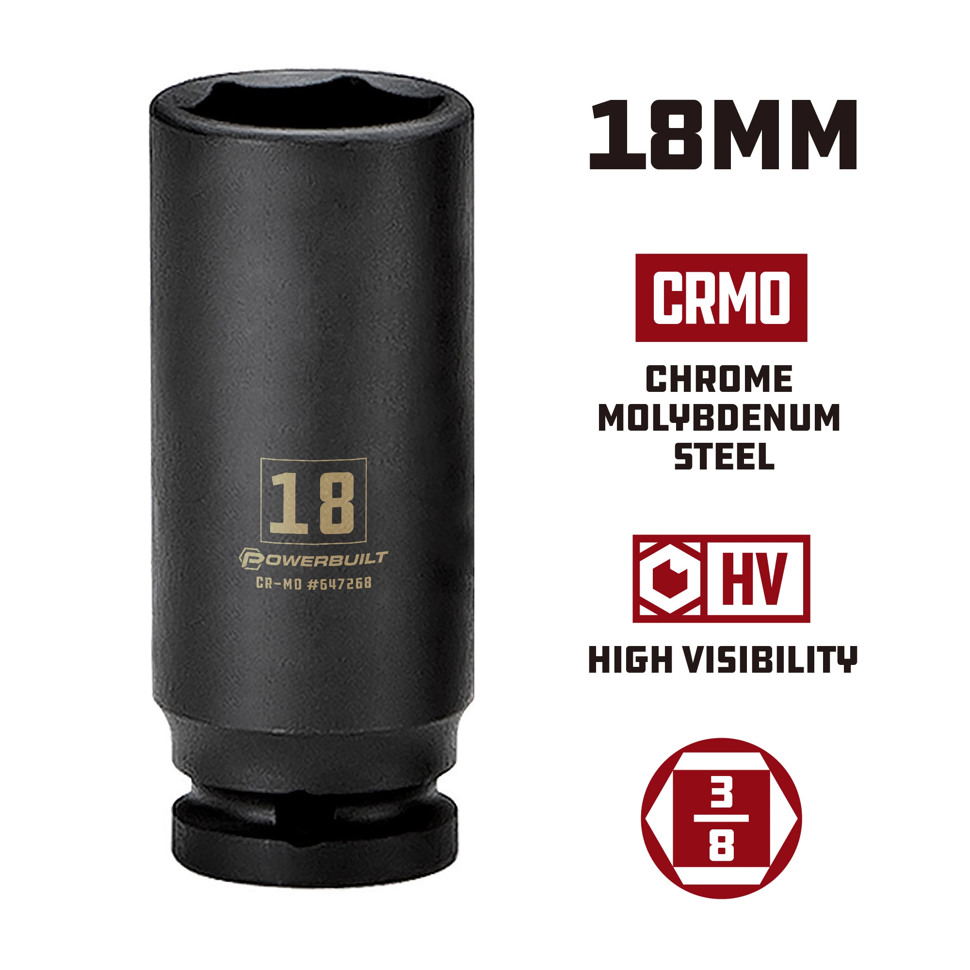 Powerbuilt 3/8 in. Drive x 18 mm 6 Point Deep Well Impact Socket - 647268 5 Powerbuilt 3/8 in. Drive x 18 mm 6 Point Deep Well Impact Socket - 647268 - Image 5