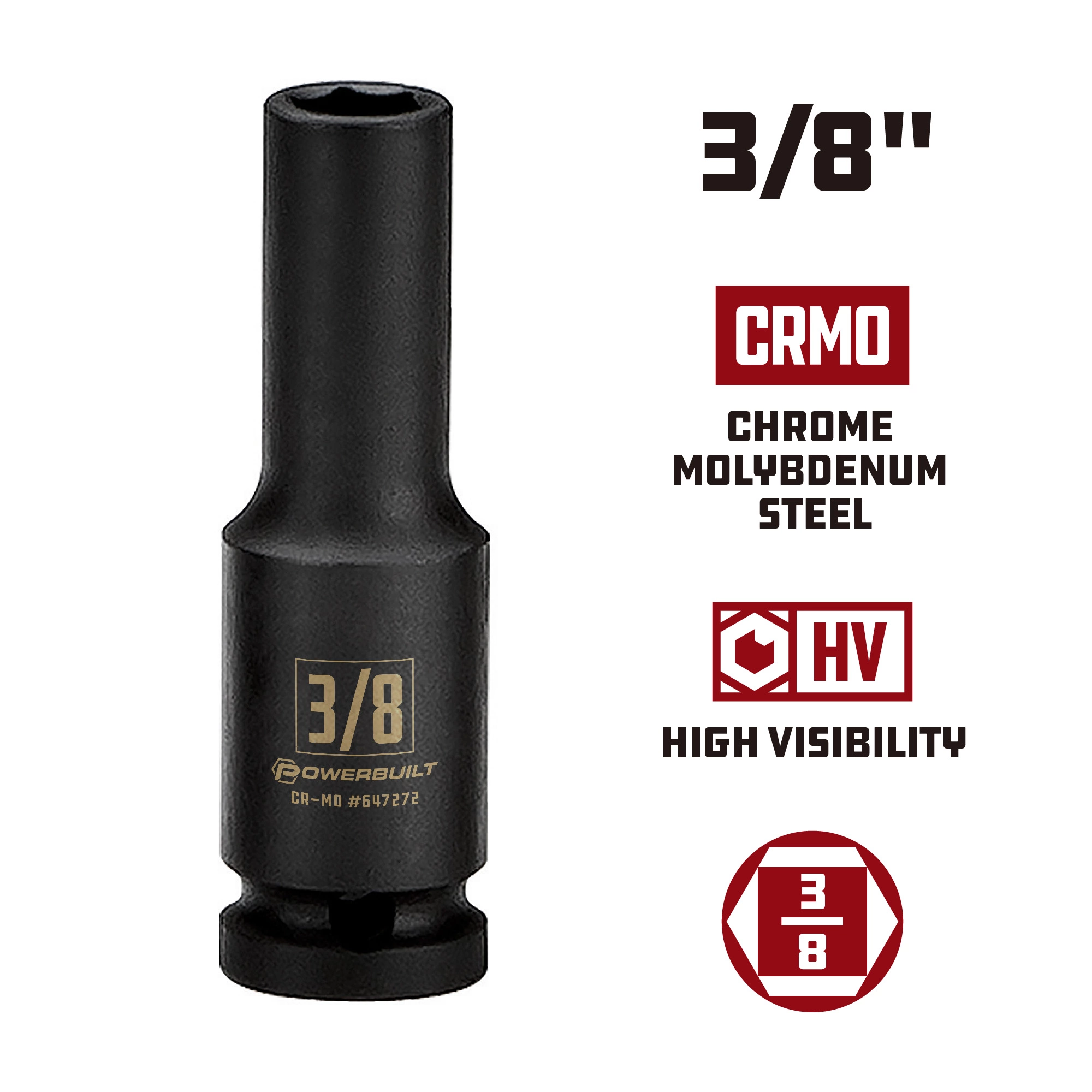 Powerbuilt 3/8 in. Drive x 3/8 in. 6 Point Deep Well Impact Socket - 647272 5 Powerbuilt 3/8 in. Drive x 3/8 in. 6 Point Deep Well Impact Socket - 647272 - Image 5