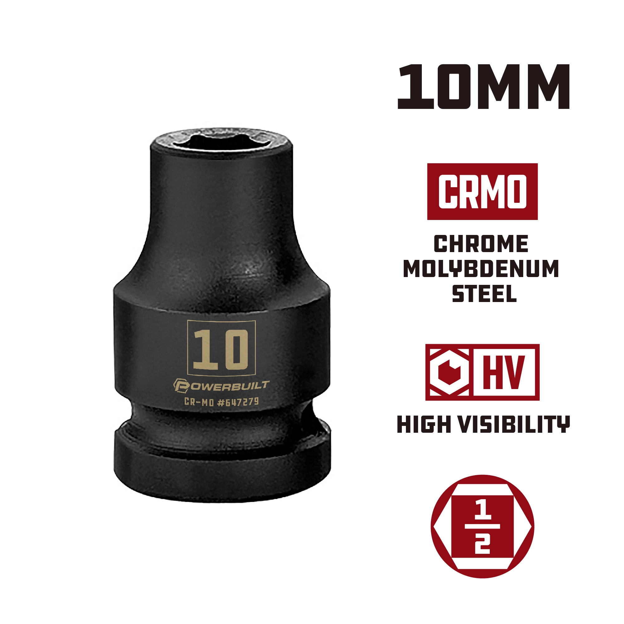 Powerbuilt 1/2 Inch Drive x 10 MM 6 Point Impact Socket - 647279 2 Powerbuilt 1/2 Inch Drive x 10 MM 6 Point Impact Socket - 647279 - Image 2