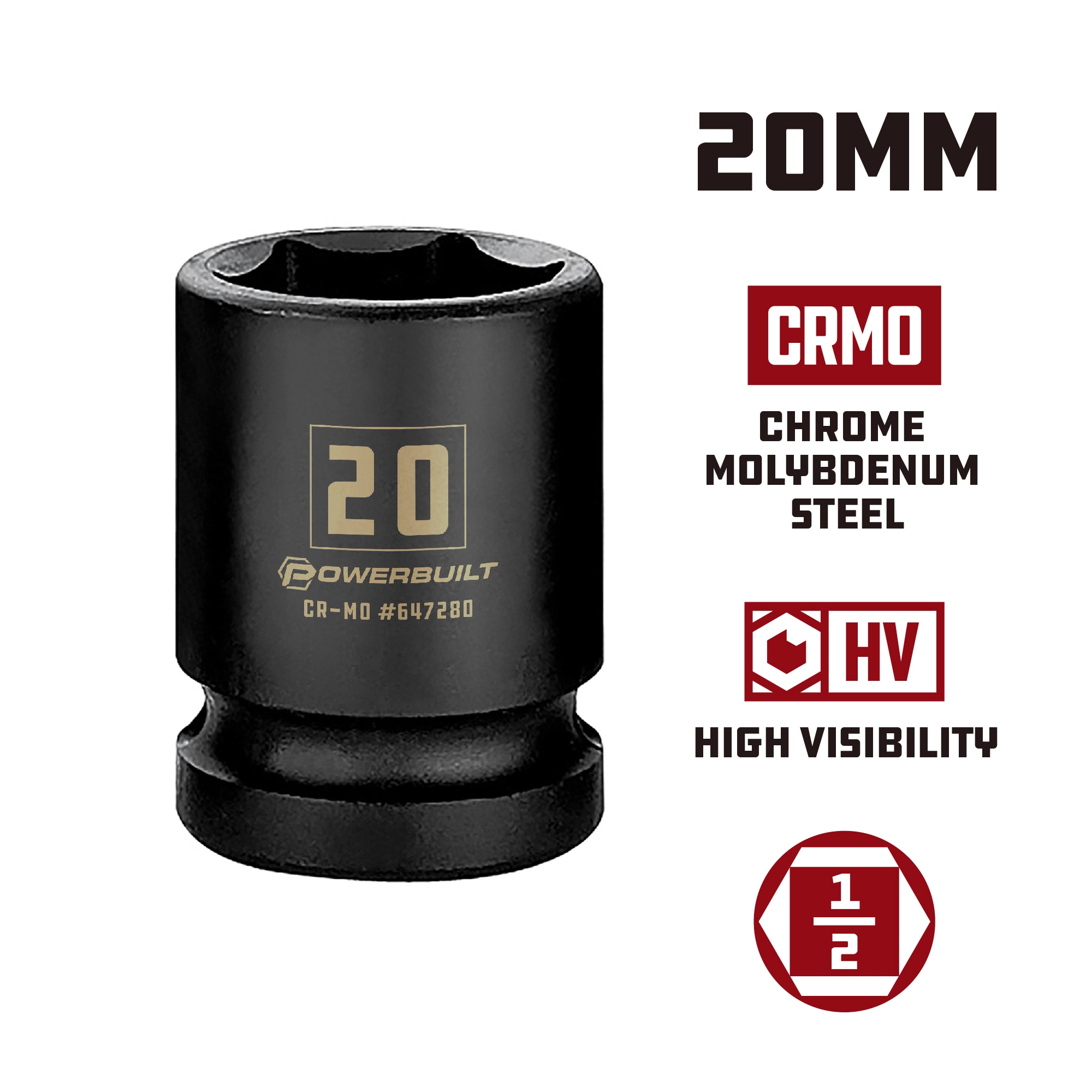 Powerbuilt 1/2 Inch Drive x 20 MM 6 Point Impact Socket - 647280 2 Powerbuilt 1/2 Inch Drive x 20 MM 6 Point Impact Socket - 647280 - Image 2