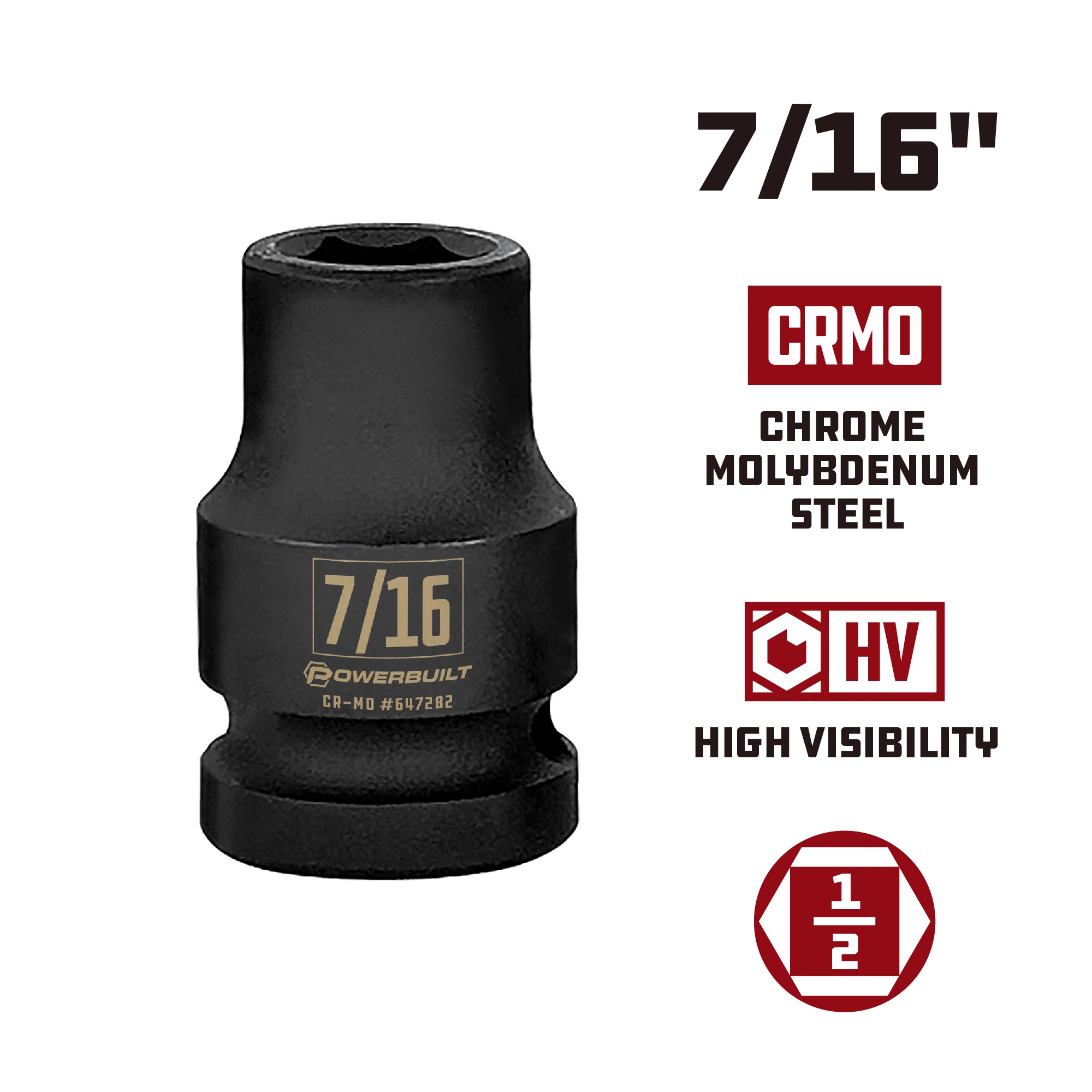 Powerbuilt 1/2 Inch Drive x 7/16 Inch 6 Point Impact Socket - 647282 2 Powerbuilt 1/2 Inch Drive x 7/16 Inch 6 Point Impact Socket - 647282 - Image 2