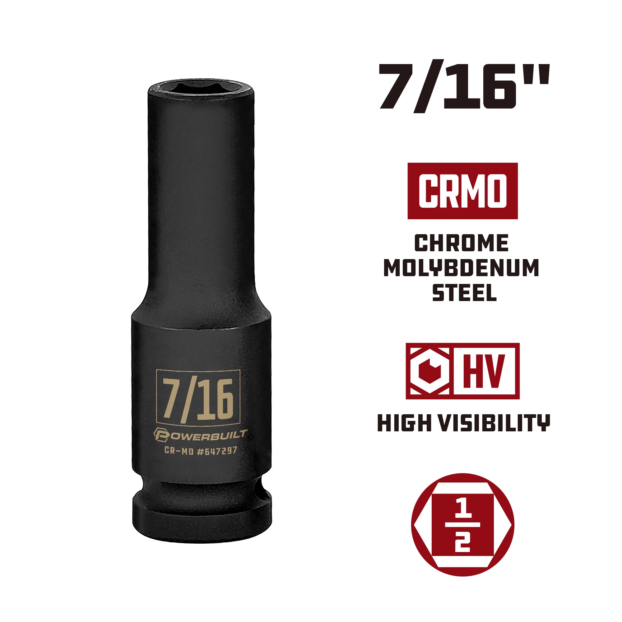 Powerbuilt 1/2 Inch Drive x 7/16 Inch 6 Point Deep Impact Socket - 647297 3 Powerbuilt 1/2 Inch Drive x 7/16 Inch 6 Point Deep Impact Socket - 647297 - Image 3
