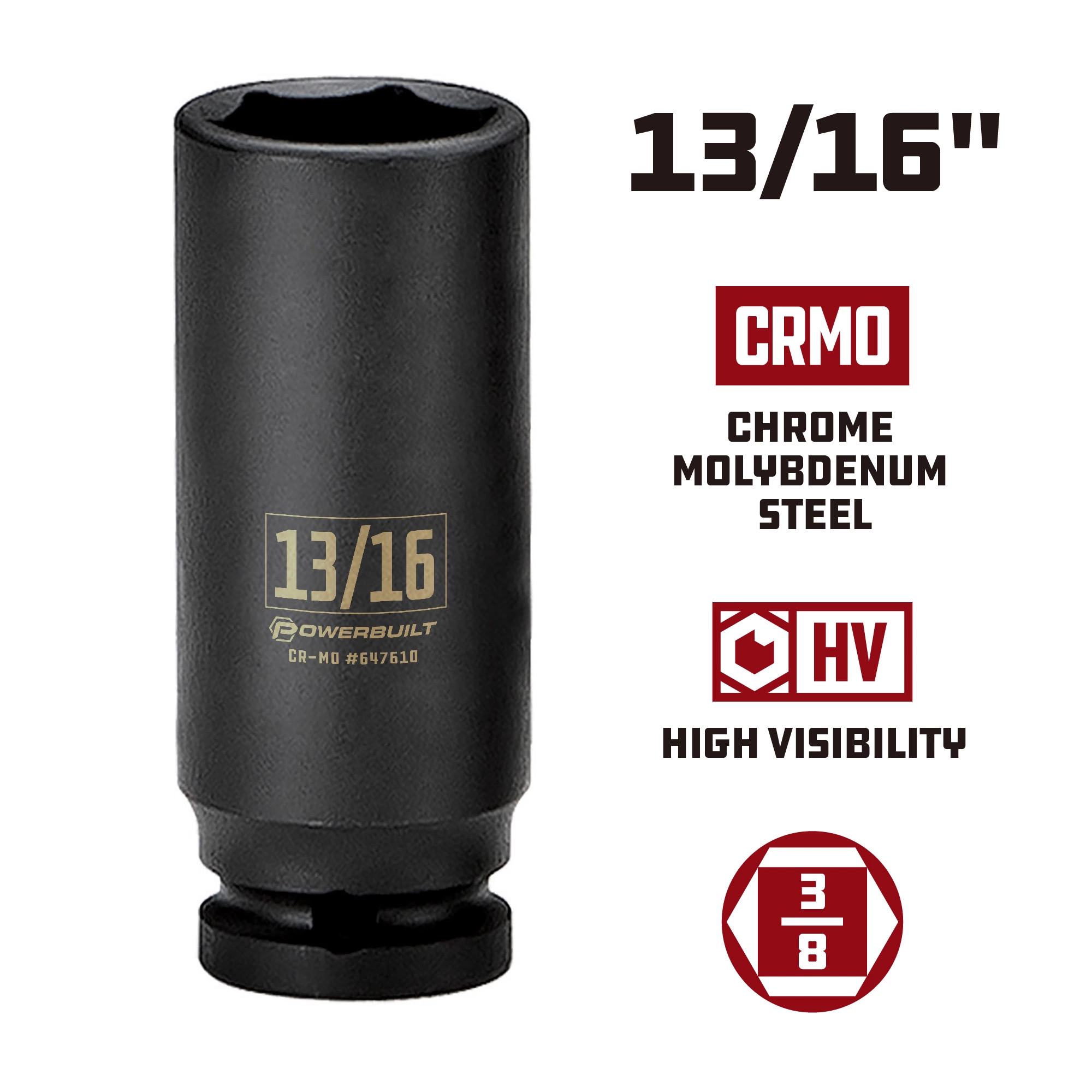Powerbuilt 3/8 in. Drive x 13/16 in. 6 Point Deep Well Impact Socket - 647610 5 Powerbuilt 3/8 in. Drive x 13/16 in. 6 Point Deep Well Impact Socket - 647610 - Image 5