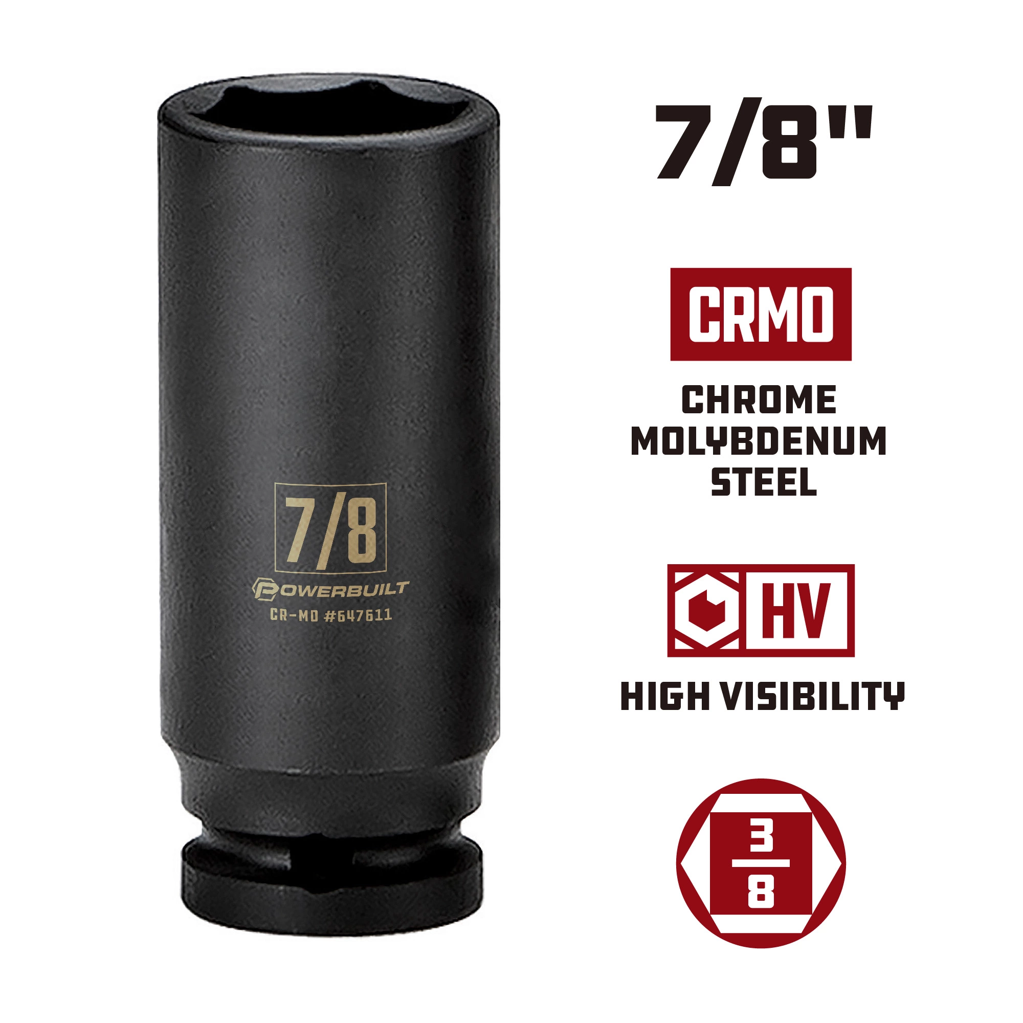Powerbuilt 3/8 in. Drive x 7/8 in. 6 Point Deep Well Impact Socket - 647611 5 Powerbuilt 3/8 in. Drive x 7/8 in. 6 Point Deep Well Impact Socket - 647611 - Image 5