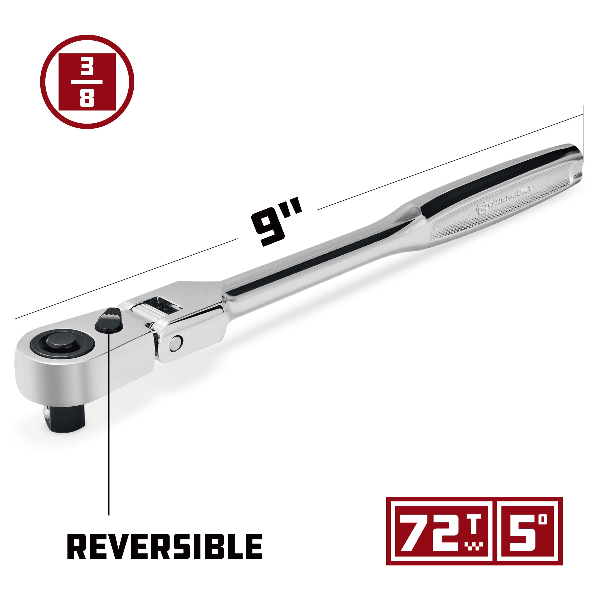 Powerbuilt 3/8 Inch Drive 72 Tooth Pro Tech 9 Inch Long Reach Flex Head Ratchet with Contour Handle - 649952 6 Powerbuilt 3/8 Inch Drive 72 Tooth Pro Tech 9 Inch Long Reach Flex Head Ratchet with Contour Handle - 649952 - Image 6
