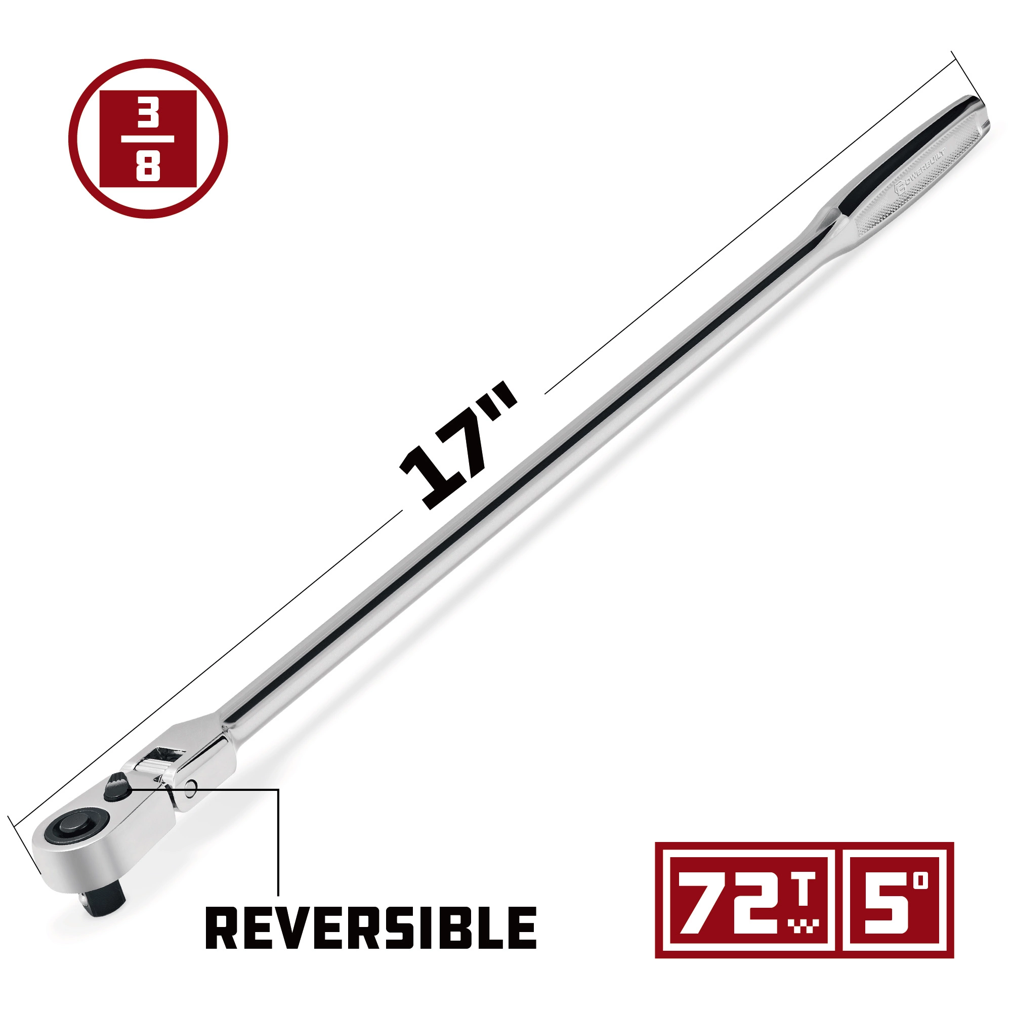 Powerbuilt 3/8 Inch Drive 72 Tooth Pro Tech 17 Inch Long Reach Flex Head Ratchet with Contour Handle - 649953 6 Powerbuilt 3/8 Inch Drive 72 Tooth Pro Tech 17 Inch Long Reach Flex Head Ratchet with Contour Handle - 649953 - Image 6