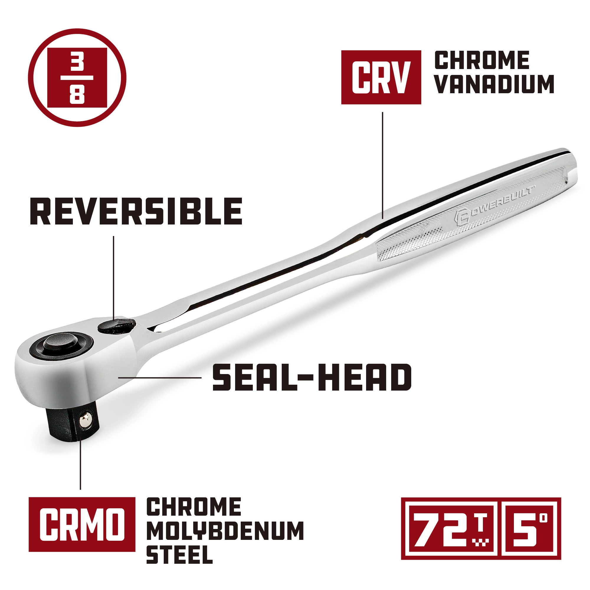 Powerbuilt 3/8 Inch Drive 72 Tooth Pro Tech Ratchet with Contour Handle - 649969 4 Powerbuilt 3/8 Inch Drive 72 Tooth Pro Tech Ratchet with Contour Handle - 649969 - Image 4