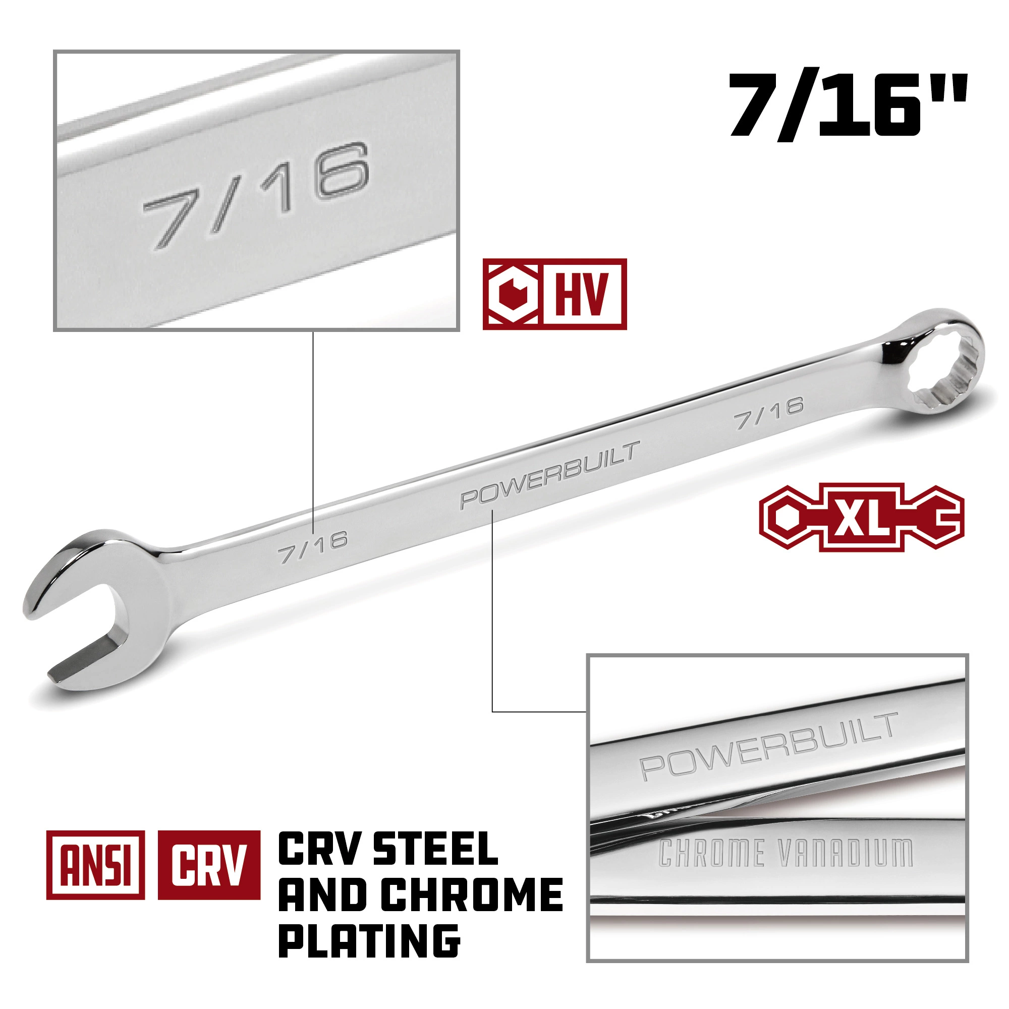Powerbuilt 7/16 Inch Fully Polished Long Pattern SAE Combination Wrench - 640440 5 Powerbuilt 7/16 Inch Fully Polished Long Pattern SAE Combination Wrench - 640440 - Image 5