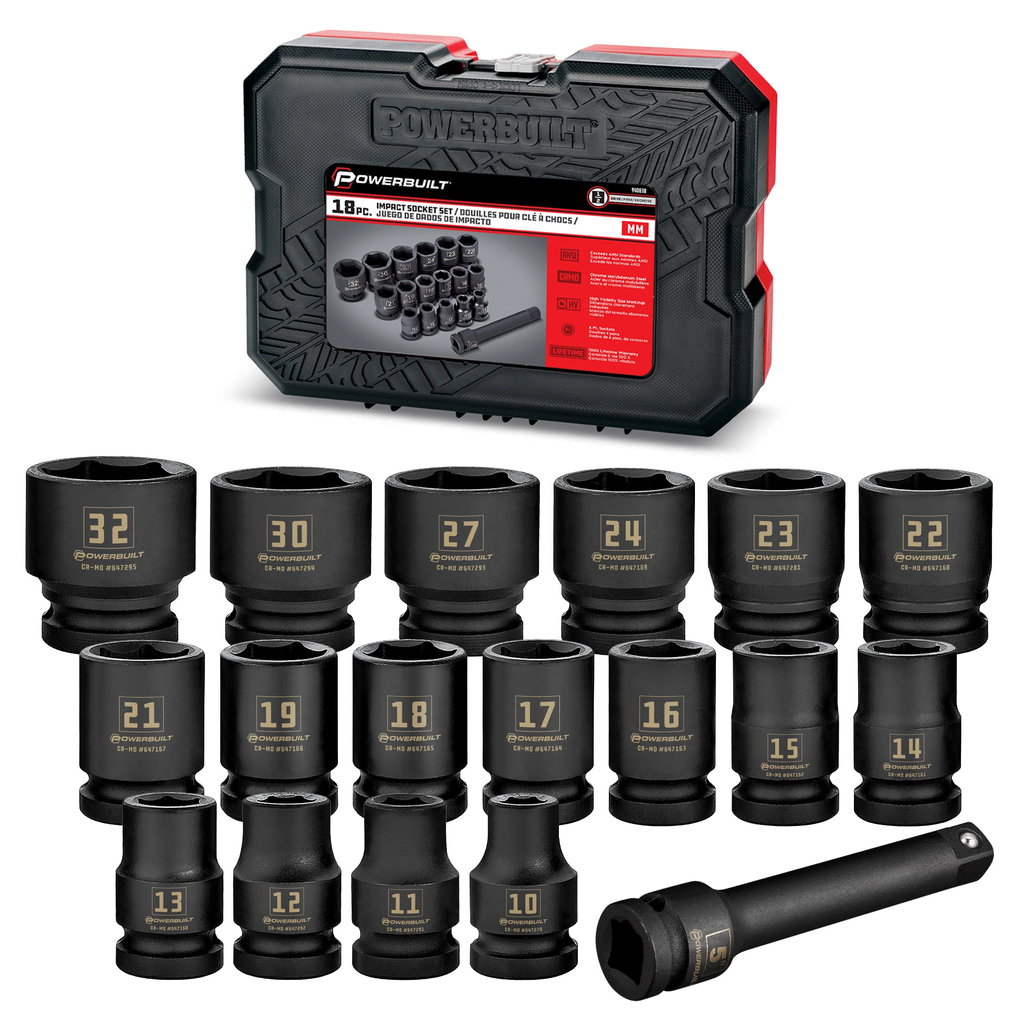 Powerbuilt 18 Piece 1/2 Inch Drive 6 Point Metric Impact Socket Set - 940838 1 Powerbuilt 18 Piece 1/2 Inch Drive 6 Point Metric Impact Socket Set - 940838