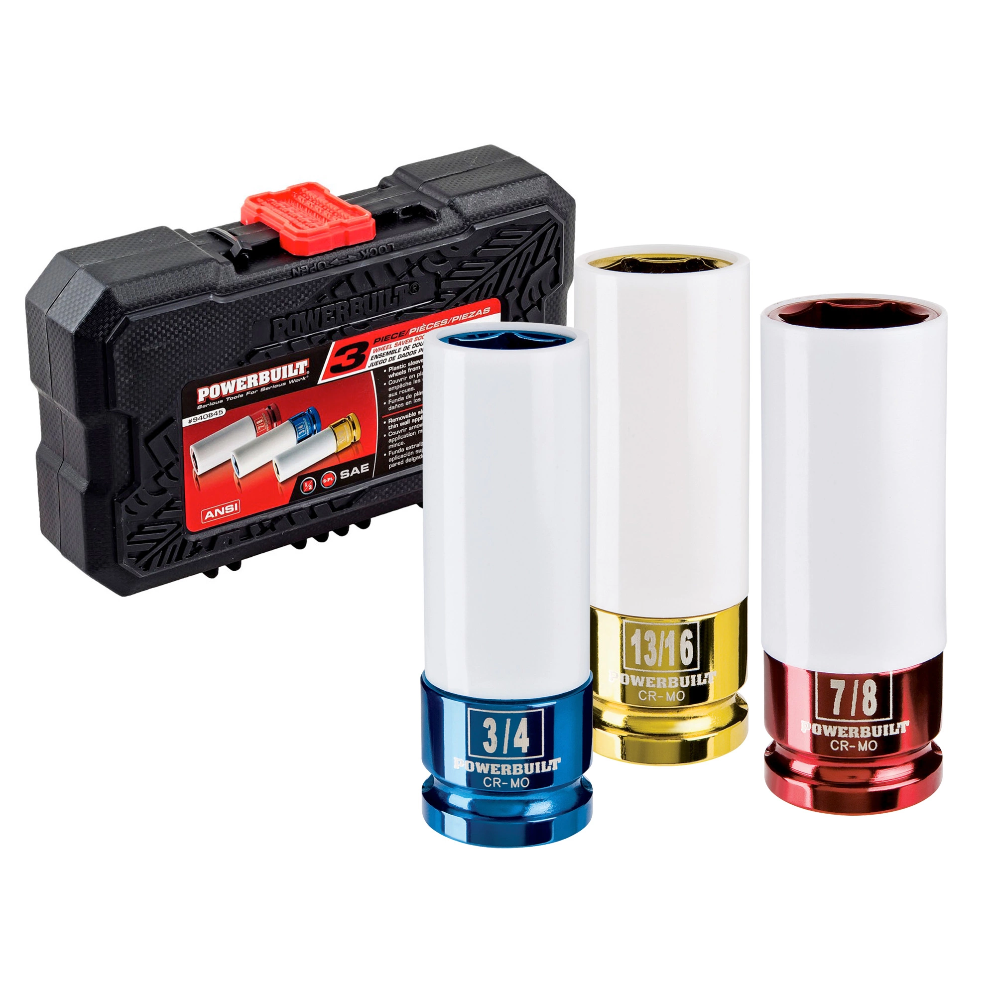 Powerbuilt 3 Piece SAE 3/4", 13/16", 7/8" Wheel Lug Nut Socket Set - 940845 1 Powerbuilt 3 Piece SAE 3/4", 13/16", 7/8" Wheel Lug Nut Socket Set - 940845
