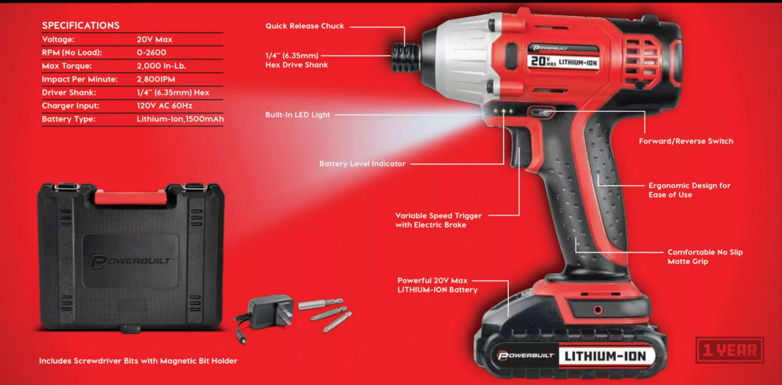 Powerbuilt 20V Lithium-Ion Cordless Impact Driver 1590 in-lbs with Case - 240132 7 Powerbuilt 20V Lithium-Ion Cordless Impact Driver 1590 in-lbs with Case - 240132 - Image 7